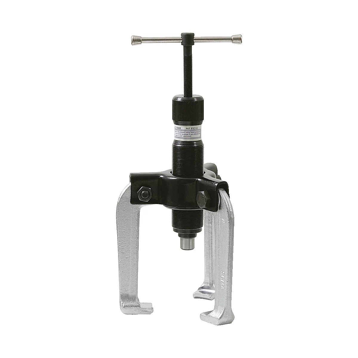 Ein silberner Dreiarmabzieher auf weißem Hintergrund.